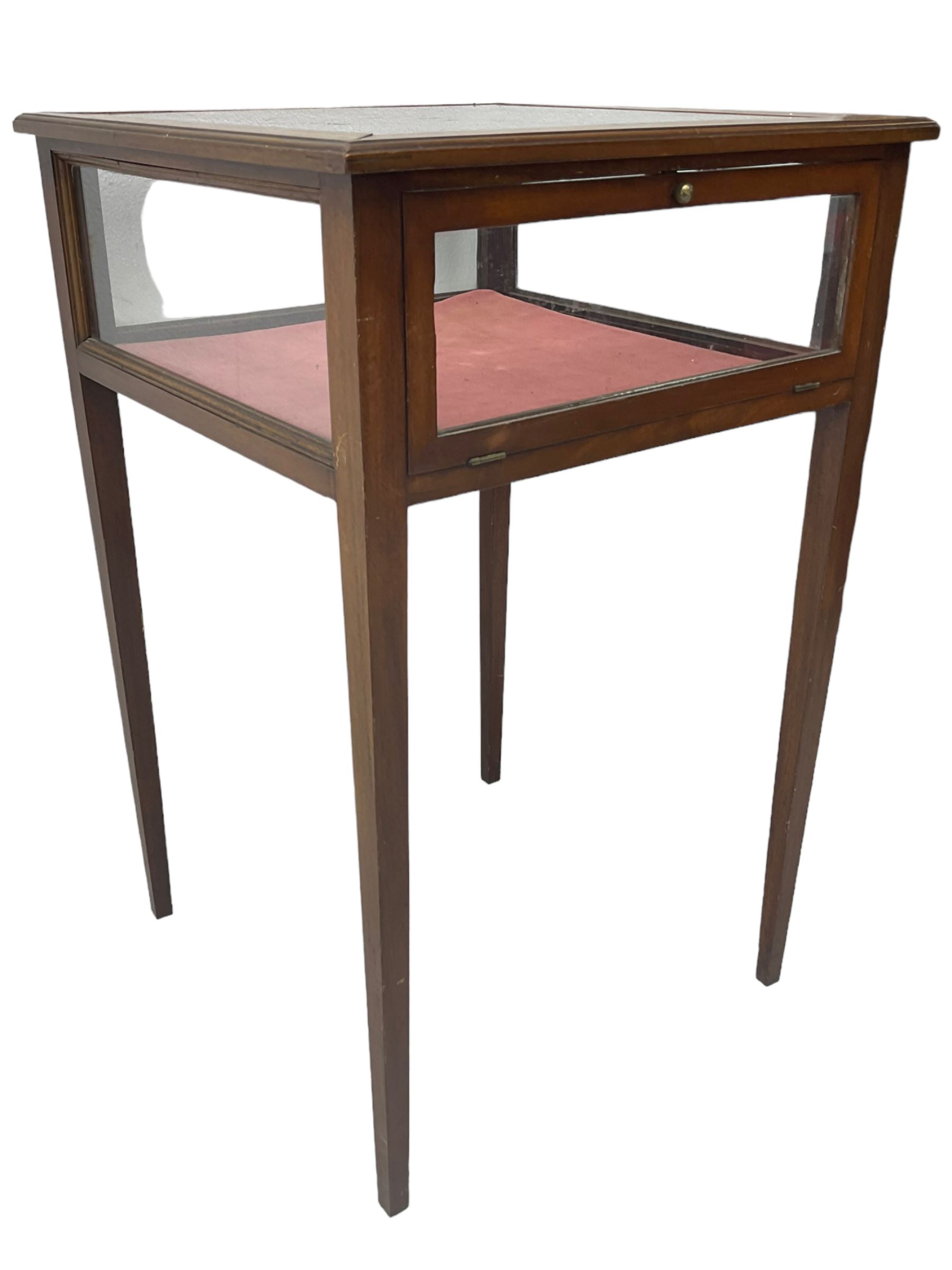 Edwardian inlaid mahogany bijouterie cabinet, glass inset top in moulded frame with satinwood band, fall front glazed door, on square tapering supports 