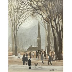 Brian Shields 'Braaq' (Northern British 1951-1997): Figures before a Church in Winter, oil on board signed 'Casey' 10.5cm x 8cm 
Provenance: private collection, purchased Adam Partridge 26th September 2013 Lot 920; commissioned by the previous vendor directly from Shields in 1981, signed 'Casey' after the artist's Old English Sheepdog to differentiate them from his other works being sold at the time.