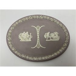 Collection of Wedgwood Jasperware, in orange, lilac and pink colourways, including oval tray, small jug, trinket boxes, trinket dishes, etc , all with impressed mark beneath