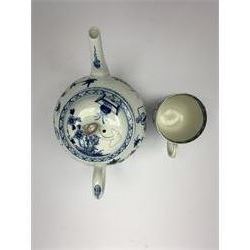 18th Century Worcester teapot, circa 1765-70, decorated in the Bird in the ring pattern, the cover with bud finial, with crescent mark beneath, H13cm, together with a Worcester coffee cup decorated in the same pattern, with crescent mark beneath, H6.5cm