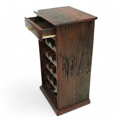 Contemporary hardwood rustic pine wine rack, rectangular top over five slatted tiers with shaped bottle apertures, open sides and plinth base
