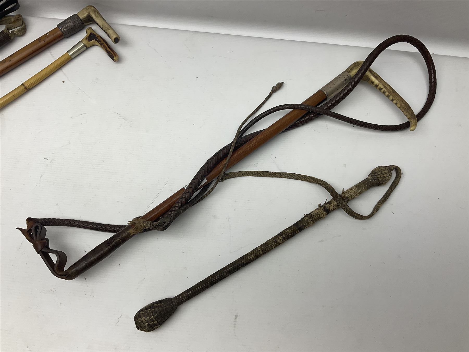 Collection of hunting crops and riding whips, including horn handle examples with silver cuffs