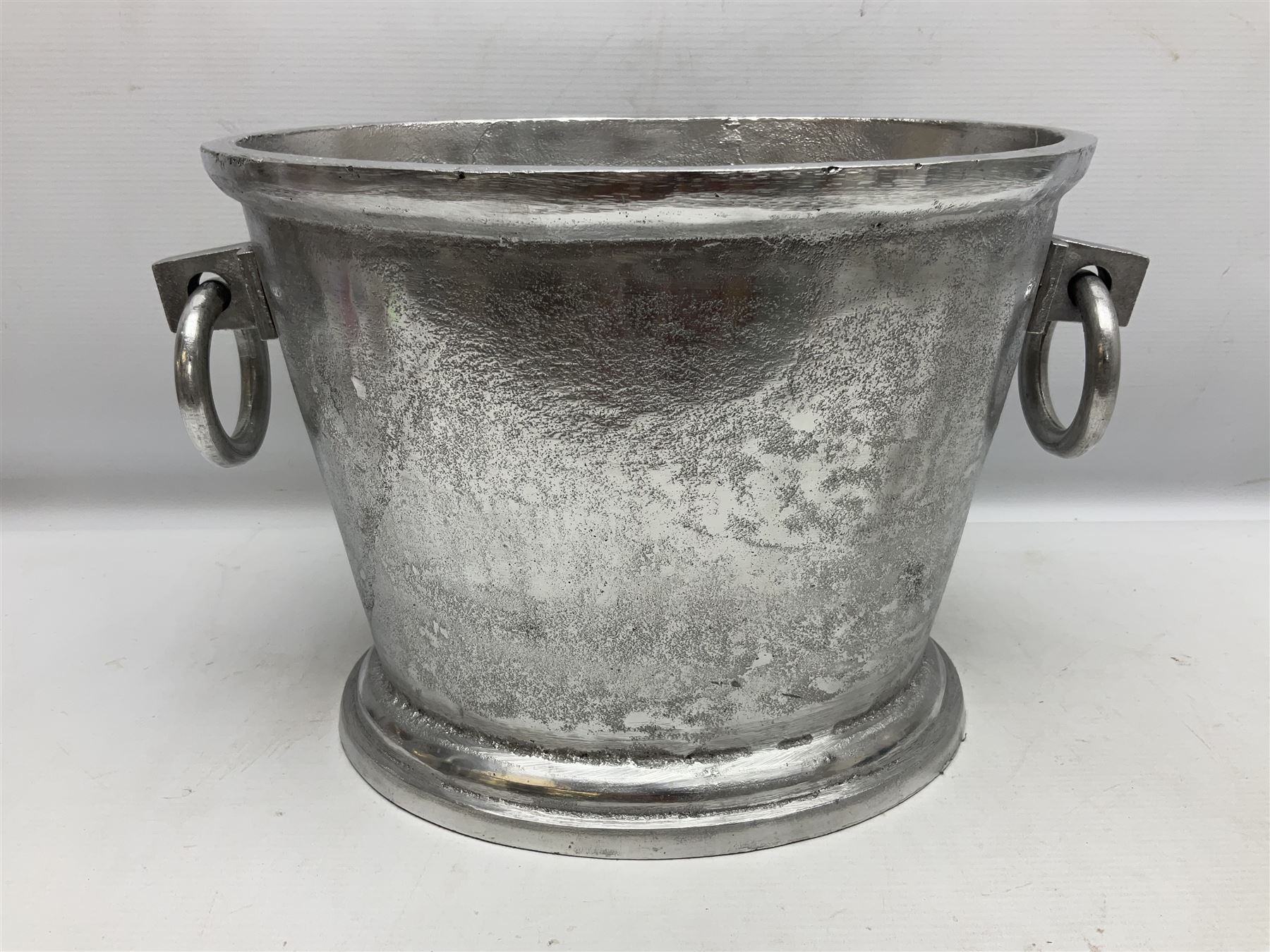 Aluminium champagne bucket detailed Cuvee de Prestige Champagne du Louvois, with twin ring handles, together with quantity of glasses, bucket L38cm