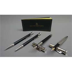  Writing Instruments - Graf Von Faber-Castell, black fountain pen with '18ct' gold nib, ballpoint pen and propelling pencil and a similar chrome cased fountain pen with '18ct' gold nib (4)  