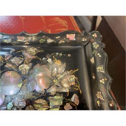 Victorian black lacquered papier-mâché sewing box, of rectangular form with shaped sides, the slightly domed top with inlaid mother of pearl and abalone decoration, the sides with gilt and polychrome painted scrollwork, the hinged cover opening to reveal a fitted interior with lift out tray, H14cm
