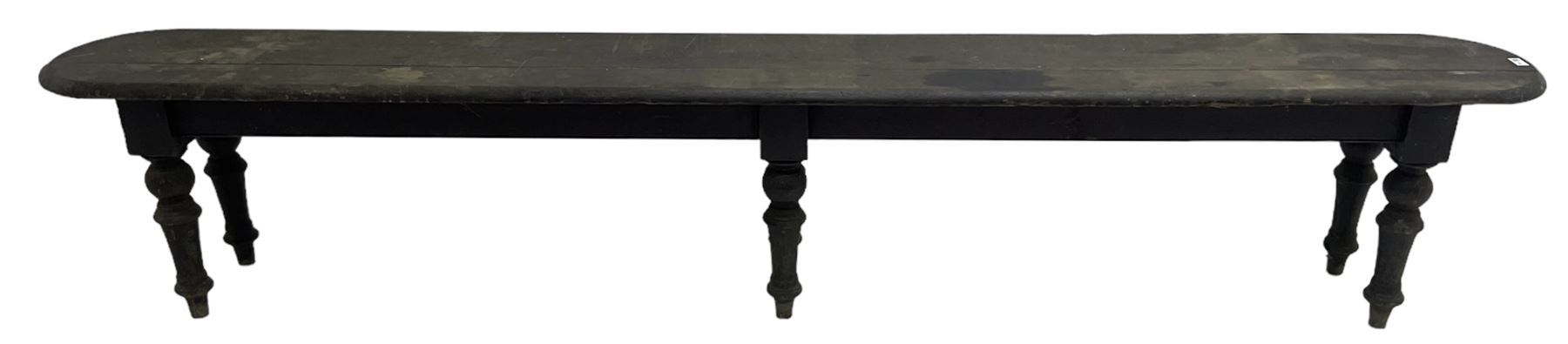 Large 19th century stained oak 9' hall bench, rectangular seat with rounded ends on turned supports