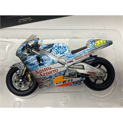 Two Minichamps limited edition Valentino Rossi Collection 1:12 scale die-cast motorcycles - Honda NSR500 Valentino Rossi Team Nastro Azzurro GP Donington 2000 with rider; and Honda NSR500 Valentino Rossi Team Azzurro GP Mugello 2001 Dirty Version; both boxed (2)