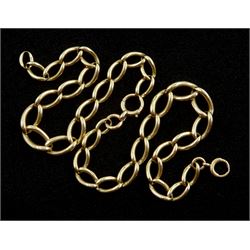Early 20th century 9ct gold tapering curb link chain with two spring clips, each link stamped 9.375, approx  53.4gm