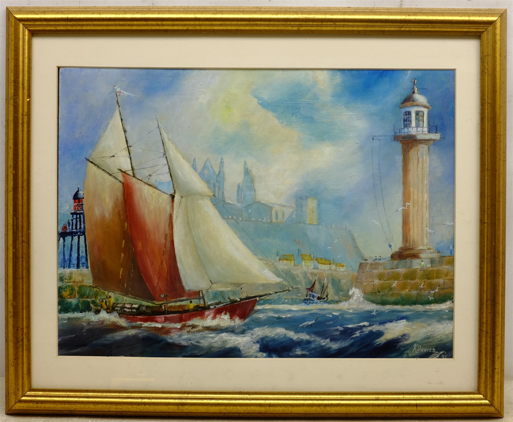 Ken Davies (British Contemporary) Crossing the Bar Whitby Harbour, oil