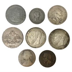 Two Belgium silver five franc coins dated 1868 and 1870, Kingdom of Hannover 1845 one thaler etc (8)