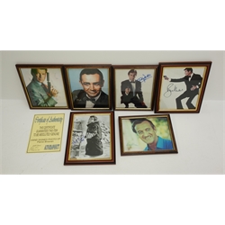  Six framed photographs of actors who have payed James Bond - David Niven, George Lazenby, Sean Connery, Roger Moore, Pierce Brosnan and Timothy Dalton, all bearing signatures, Brosnan with certificate of authenticity, uniformly displayed in mahogany stained frames (MAO0303)  