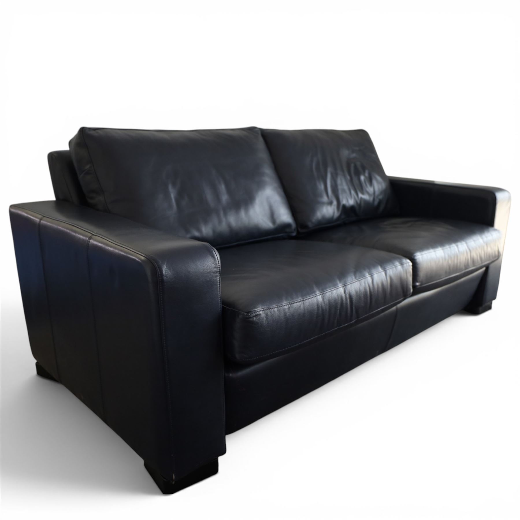 Modern blue leather two seat sofa, square formed arms, four loose cushions