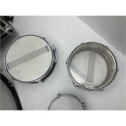 Rockburn eight-piece black drum kit with bass drum, floor tom and five other toms and snare drum; together with two other snare drums; Haosen bass drum; four cymbals; various stands, foot pedals, stool, tri-angle, drum sticks etc