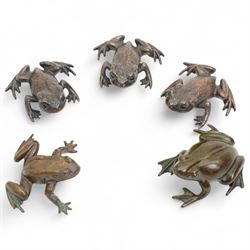 Collection of bronze frogs, including David Meredith example signed with initials and Japa...