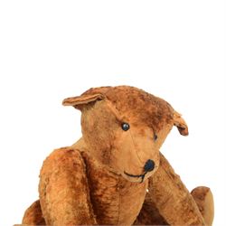 20th century teddy bear, red/brown mohair bear with black plastic eyes, straw filled snout with stitched nose and downturned mount, jointed limbs, swivel head and hump to back, H52cm
