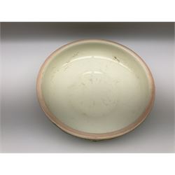 Wash jug and bowl with merging pink, green and blue decoration, bowl D40cm