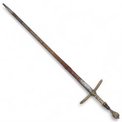 Ceremonial sword with Gothic hilt, plain blade and leather scabbard,  possibly 19th century overall length 107cm