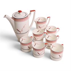 Royal Doulton Art Deco coffee service for six in Vane pattern, comprising coffee pot, milk jug, open saucier, coffee cans and saucers  