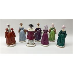 Sitzendorf Henry VIII & his wives porcelain figures, a set of 7 with impressed titles to the reverse, comprising of King Henry VIII, Anne Boleyn, Catherine of Aragon, Catherine Parr, Jane Seymour, Catherine Howard, Anne of Cleves.  
