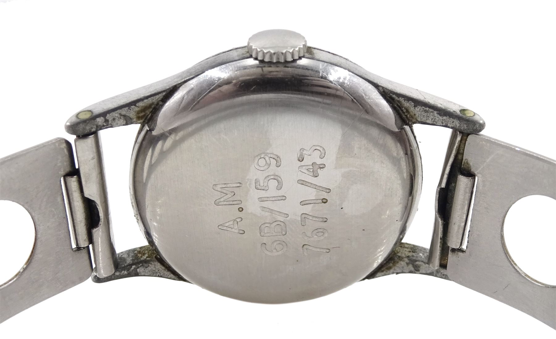 Omega WWII Air Ministry Issue stainless steel, manual wind wristwatch, No. 9701882, cream dial with Arabic numerals, back case engraved A.M 6B/159 7671/43,on associated stainless steel bracelet
