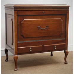  Early 20th century walnut work/sewing cabinet, hinged moulded top enclosing fitted interior with plaque dated '1927', panelled front with carved swag above two drawers on cabriole legs, W80cm, H84cm, D48cm  
