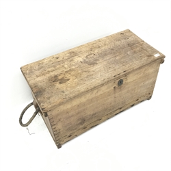 19th century stripped blanket sea box, single lid, two rope handles, W86cm, H41cm, D46cm