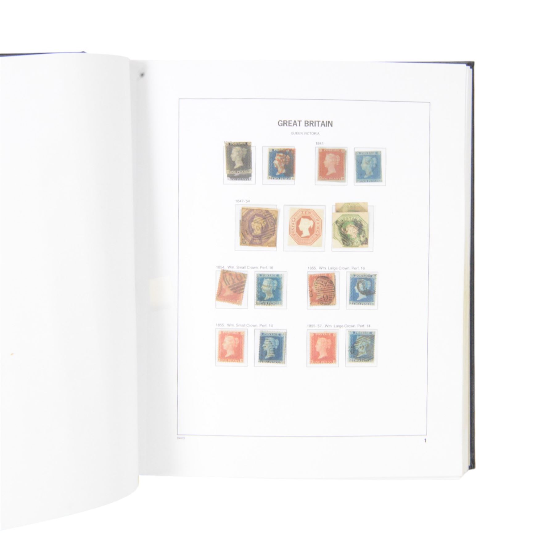 Extensive single album collection of Great British Queen Victoria and later stamps, including QV penny black with three margins, 1840 two pence blue, perf two pence blues with white lines added, QV one pound brown lilac, QV one pound green, King George V seahorses, 1929 Postal Union Congress one pound black, King George VI 1939-48 set of six with ten shillings dark blue, Queen Elizabeth II pre-decimal issues, housed in a Stanley Gibbons Great Britain 2001 album, a well presented collection with few ommissions