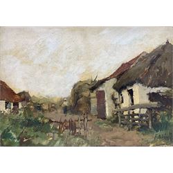 French School (Early 20th century): Farmstead Landscape with Figure, oil on panel indistinctly signed 25cm x 35cm
