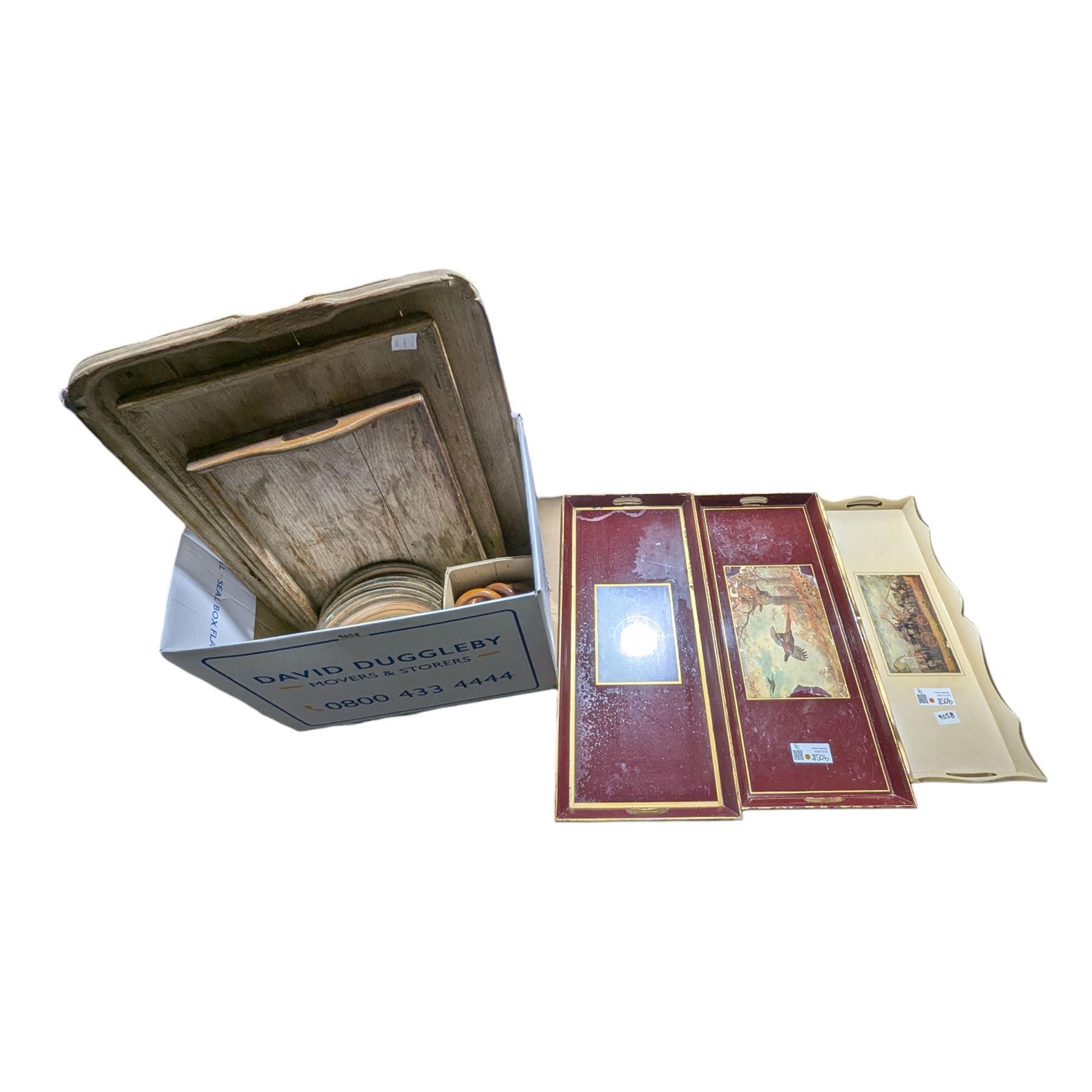 Various wooden and lacquer trays, curtain loops, etc, in one box
Provenance: from the Kirkham Hall estate. 