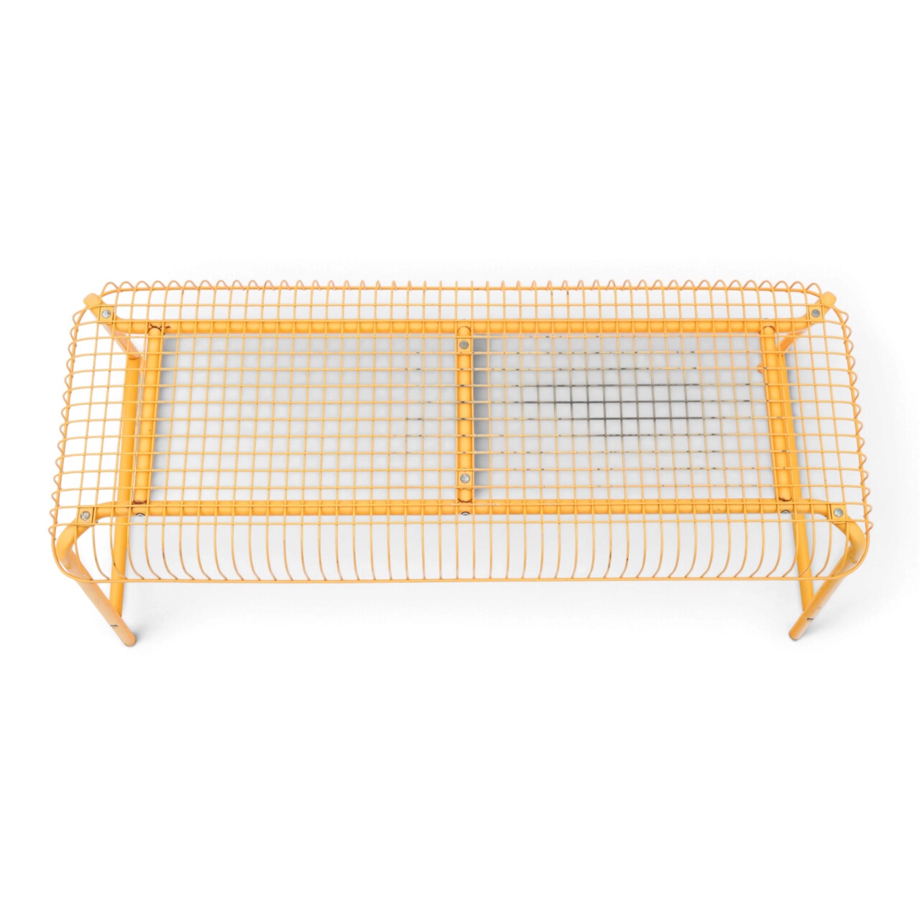 Ikea - 'Vasteron' 1990's orange metal bench, wireframed seat with tubular metal supports 
