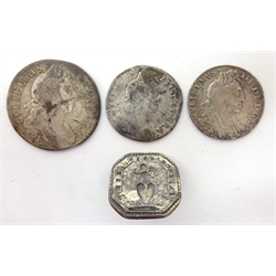  Three William III silver coins 1696 shilling with E mintmark and two sixpence pieces, one 1697 with C mintmark, the other with illegible date and a seal with an image of a cherub atop a heart, with a makers mark to the reverse (4)  