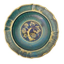 Josef Ekberg (Swedish 1877-1945) for Gustavsberg comport, c1930s, decorated in gilt with tree detail on a green lustre ground, gilt signature to base, D31cm