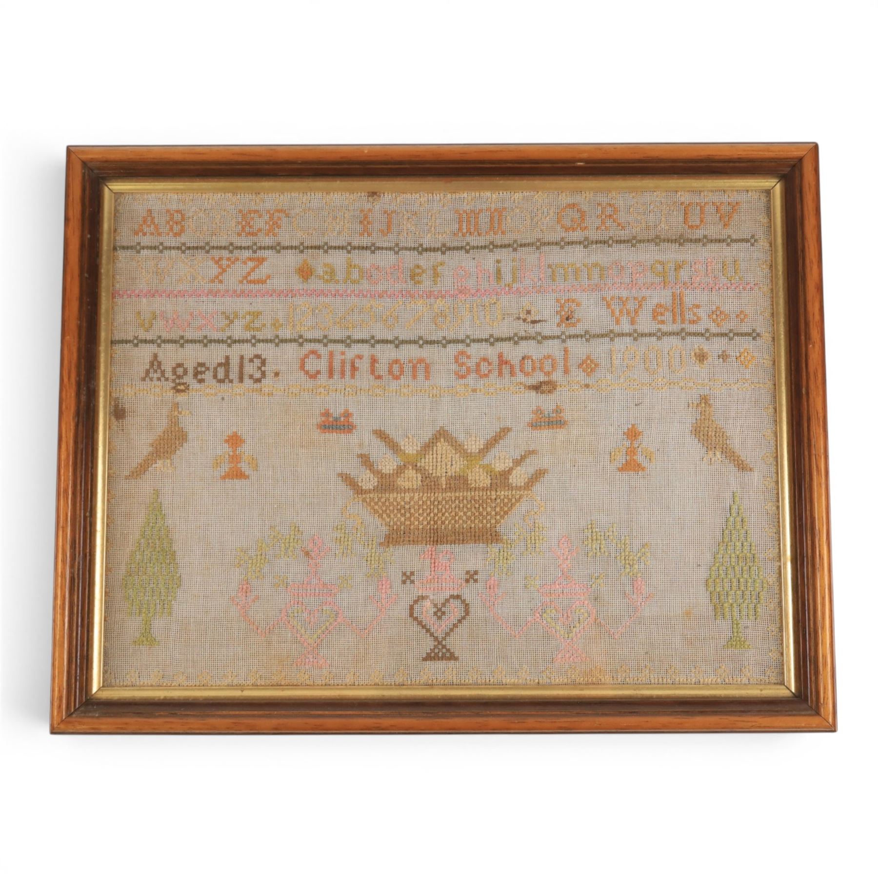 Late 19th early alphabet cross stitch sampler by E Wells age 13, together with two others 