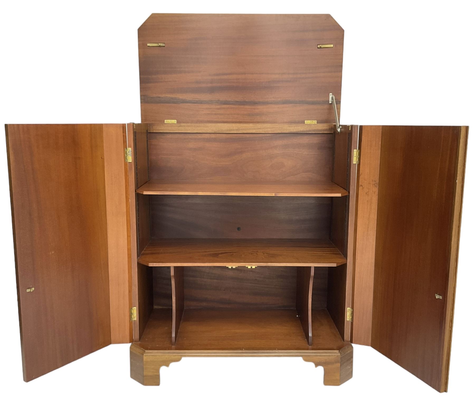 John More of Scarborough -  Edwardian Revival 'Canterbury Cabinet' inlaid mahogany cabinet, fitted with double cupboard decorated with urn motif inlays and banding, flanked by canted fluted uprights, on bracket feet