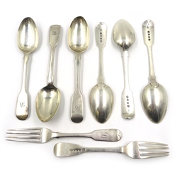  Set of six silver fiddle pattern dessert spoons by William Eaton London 1843 and two similar forks approx 12.8oz  