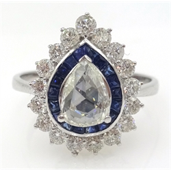  18ct white gold diamond and sapphire cluster ring, rose cut pear shaped diamond approx 0.4 carat stamped 750   
