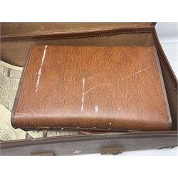 Three shooting sticks, together with four vintage leather brown suitcases of various sizes, largest suitcase H40cm L65cm 