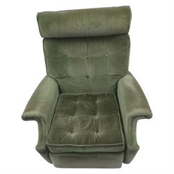 Parker Knoll - mid 20th century reclining armchair, upholstered in green velvet button fabric