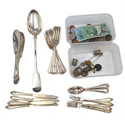 Silver plated cutlery, silver pendant, collection of coins and other collectables