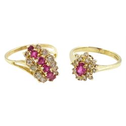 Two 9ct gold ruby and round brilliant cut diamond rings