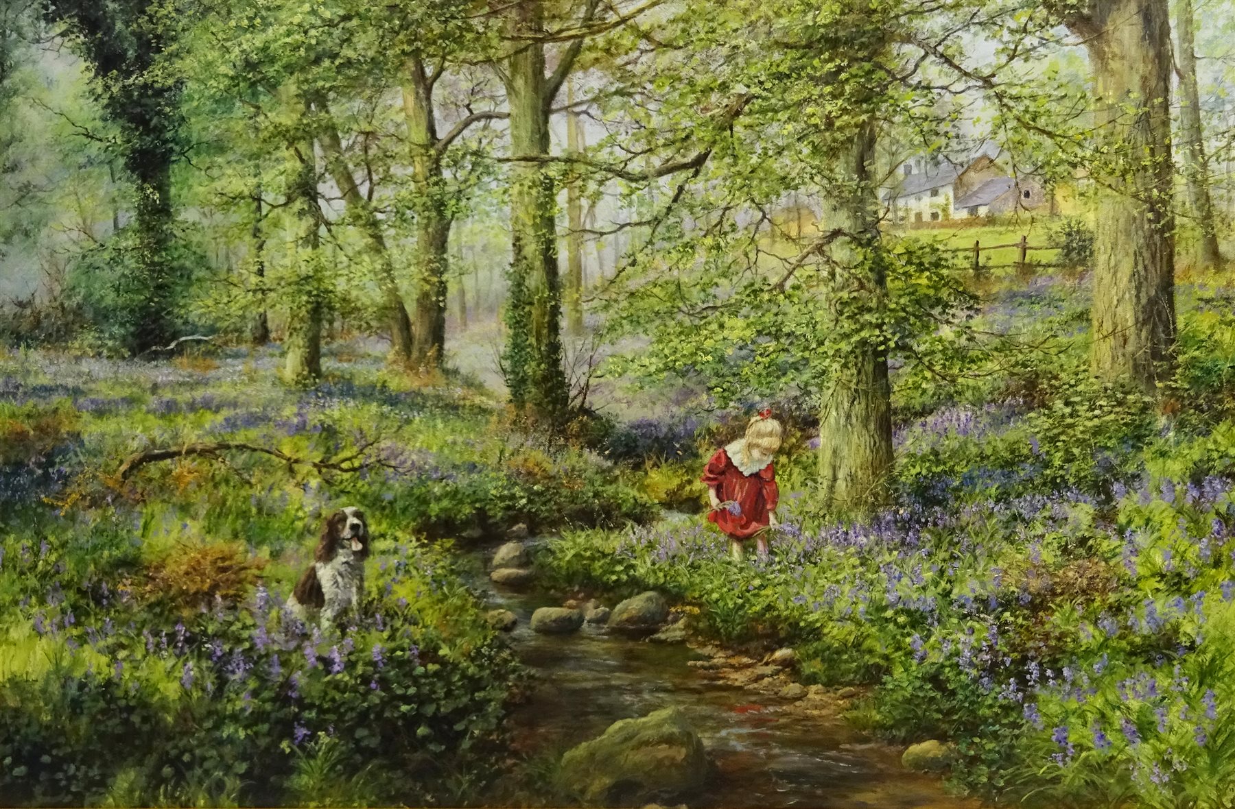 William (Bill) R Makinson (British Contemporary): 'Jodie and Bluebells', oil on canvas signed, titled verso 49cm x 75cm  
