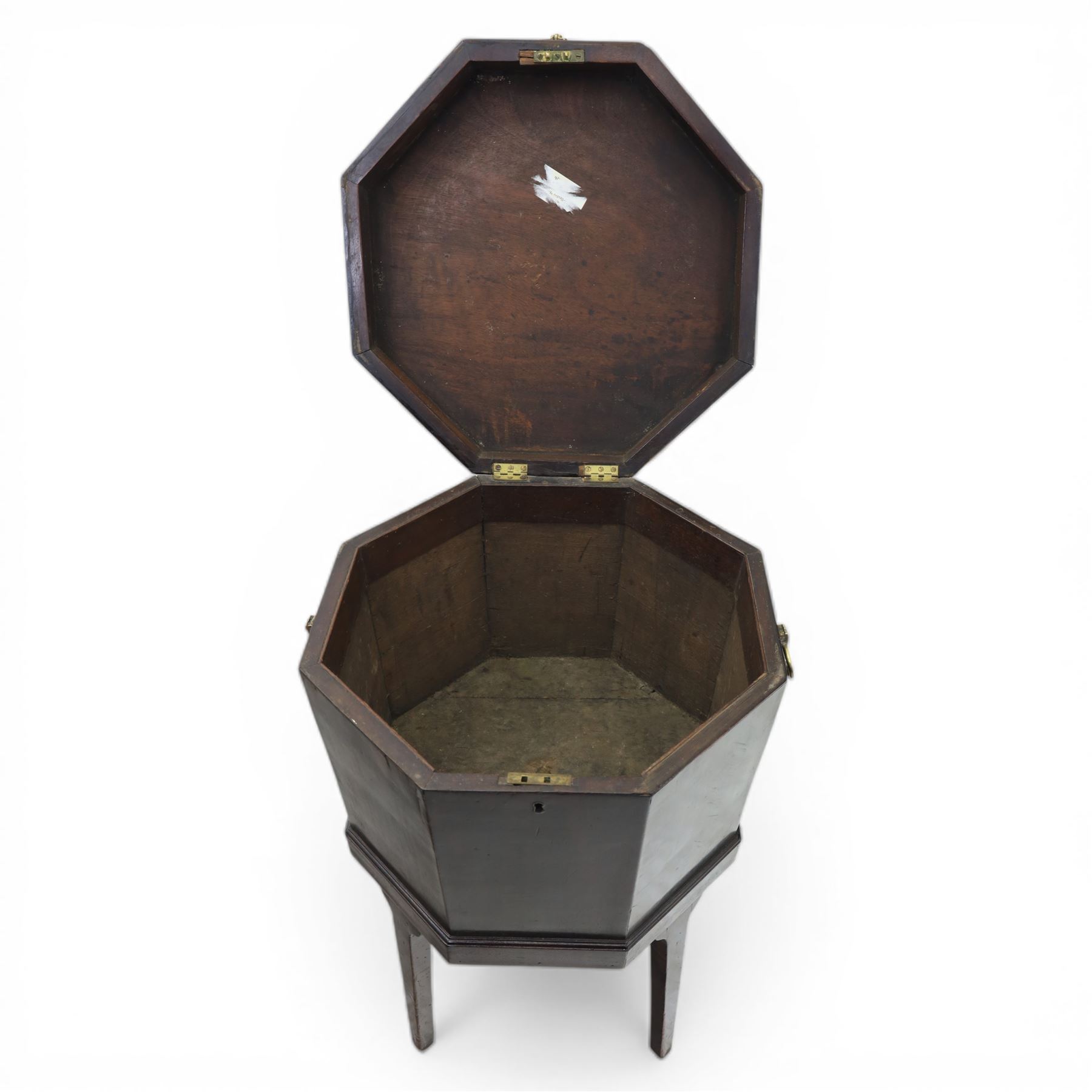 George III mahogany cellarette, of octagonal form with hinged top, brass handles and hinges, raised upon tapering supports