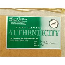 After Laurence Stephen Lowry (British 1887-1976): 'A River Bank', limited edition colour print No.592/850 with Henry Donn blindstamp, Henry Buckland COA verso 39cm x 50cm