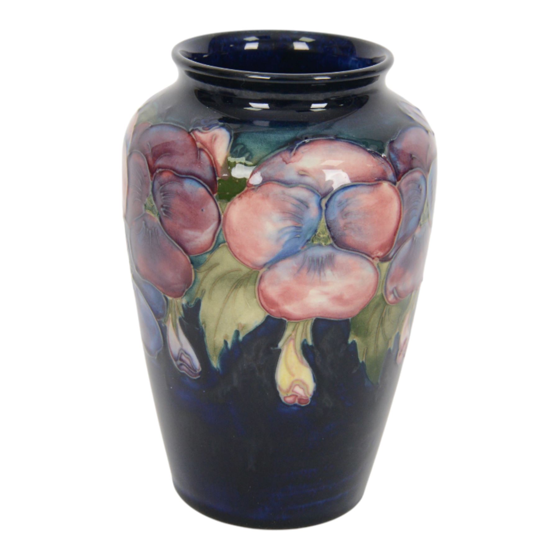 Moorcroft pansy pattern vase, of baluster form, together with Anemone pattern vase and dish, all with impressed marks beneath, pansy vase H16cm 