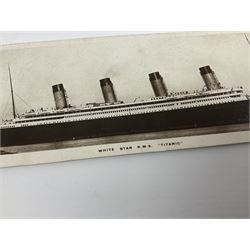 Titanic interest - Signal Series elongated real photographic postcard of RMS Titanic presumably sent prior to the sinking by a Harland & Wolff fitter who lived at 103 Island Street, Newtownards Road, Belfast. The message reads 'Dear Mother, At last I have managed to get a photo of the ship in place of the one you have given away. it is not the same ship as the one you gave uncle Charlie but is exactly like her as they are sister ships. This is the one I am working on at the present time. having a nice comfortable time of it in the Turkish baths. it is to be a fine job when it is finished the fittings are to be inlaid with mother-of-pearl. I just wish you could have a look round it you would see the sight of a life time. I am getting on first rate here and in good health. We are having some very rough weather here now but we cannot grumble as we have had some very nice weather since we came. I am looking forward to Xmas when I hope to see you all again. I hope you are all keeping in the best of health same as it leaves me at present. I will close now hoping you will like the photo. so with love and very best wishes from your affectionate son Arthur'; together with another post-sinking elongated real photograhic postcard of RMS Titanic titled 'The Ill-Fated White Star liner 