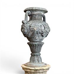 Large impressive Classical cast bronze center-piece urn, twin scroll handles with grape ga...