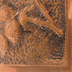 Arts & Crafts style copper panel of 'Greenfinches', signed with initials MJR, 26.5cm x 20cm 