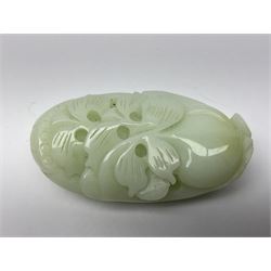 Chinese hardstone carving of a fish amongst coral, with platted rope handle, together with other hardstone and soft stone carvings  