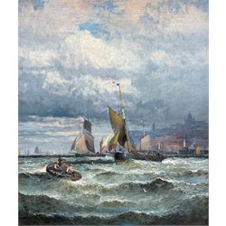 William Anslow Thornley (British fl.1858-1898): Fishing Boats leaving Whitby Harbour, oil on canvas laid on board signed 34cm x 29cm