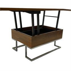 Contemporary walnut metamorphic coffee or dining table, square fold-over top on lift-up mechanism, on angular burnished metal supports 